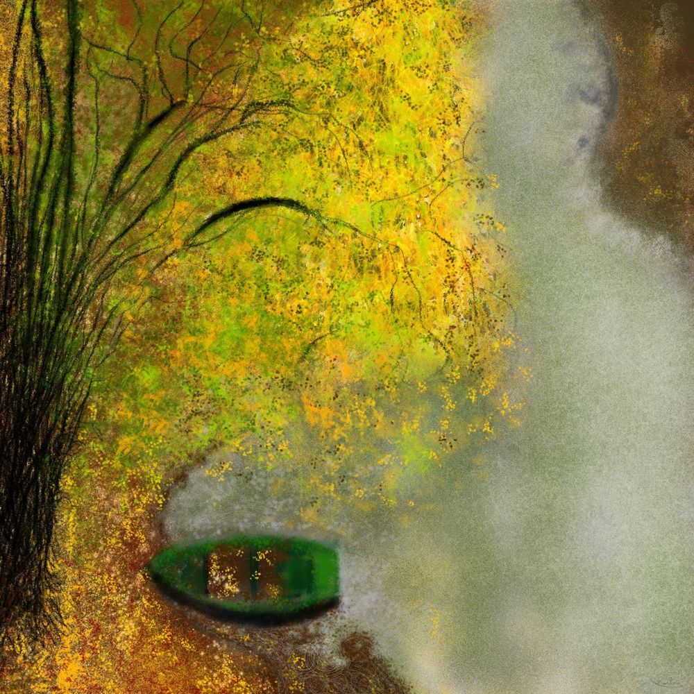 Une peinture d’une barque verte sous un arbre d’automne, encadrée au mur